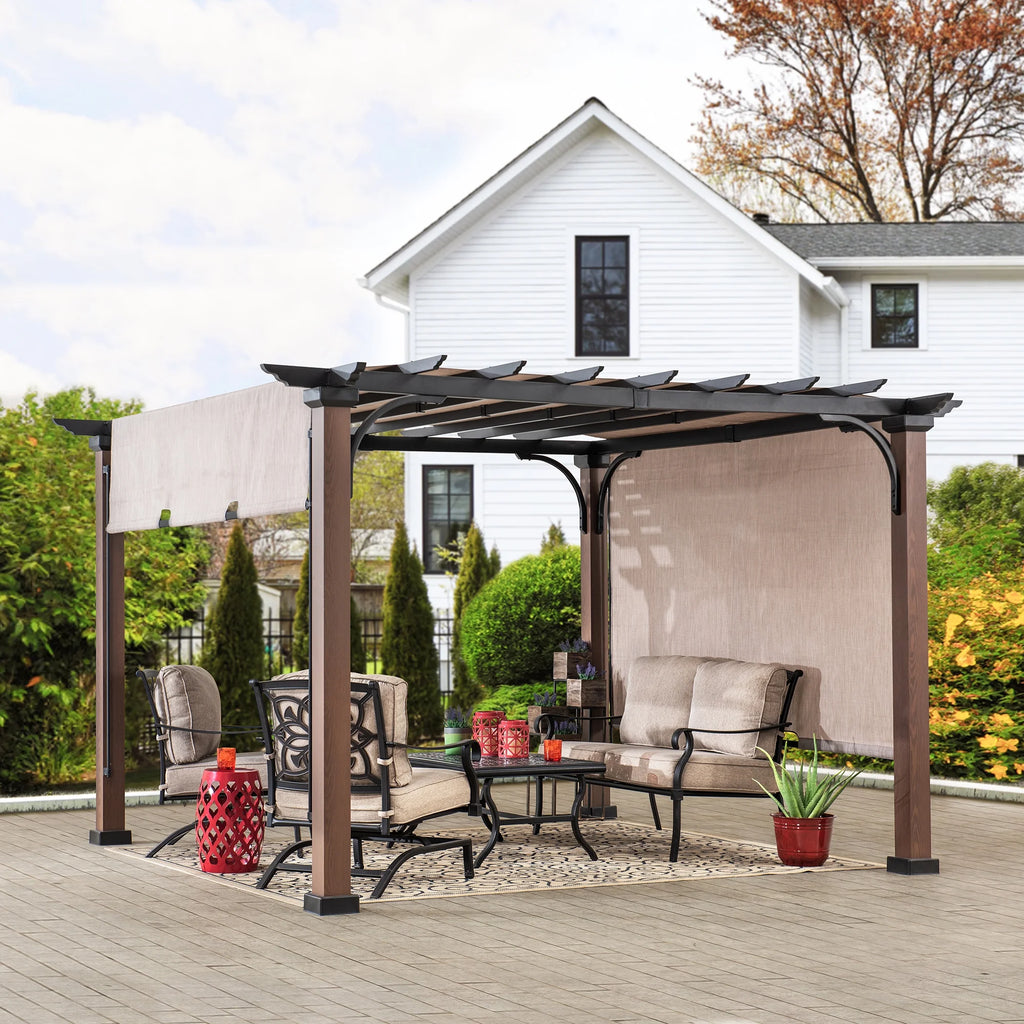 11 x 11 ft. Metal Pergola with Tan Adjustable Canopy X7909