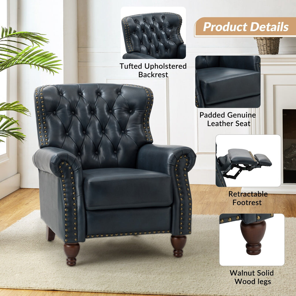 Navy Genuine Leather Tufted Manual Recliner Set of 2 J38706