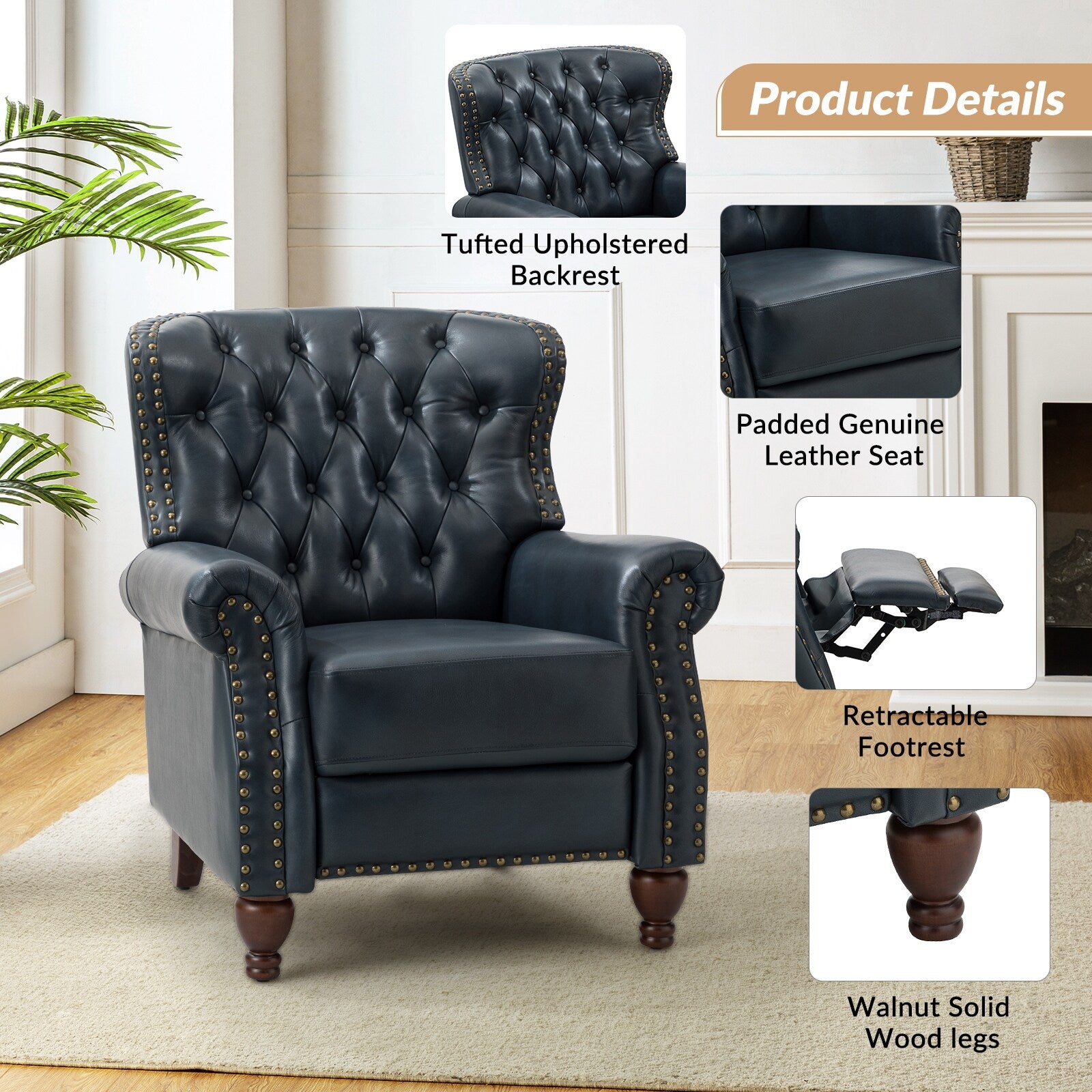 Navy Genuine Leather Tufted Manual Recliner Set of 2 J38706