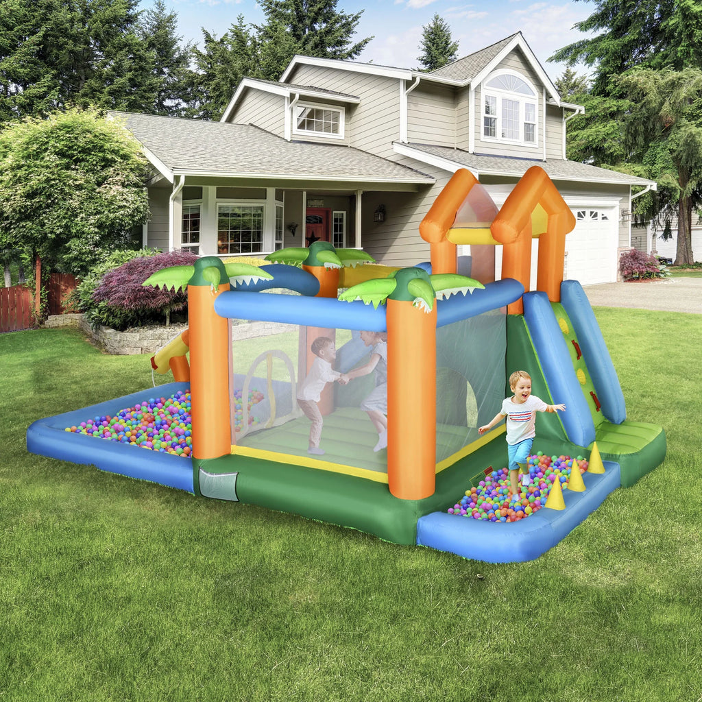 Inflatable Water Park with Blower, 6-in-1 Water Slide Jumping Castle F205990
