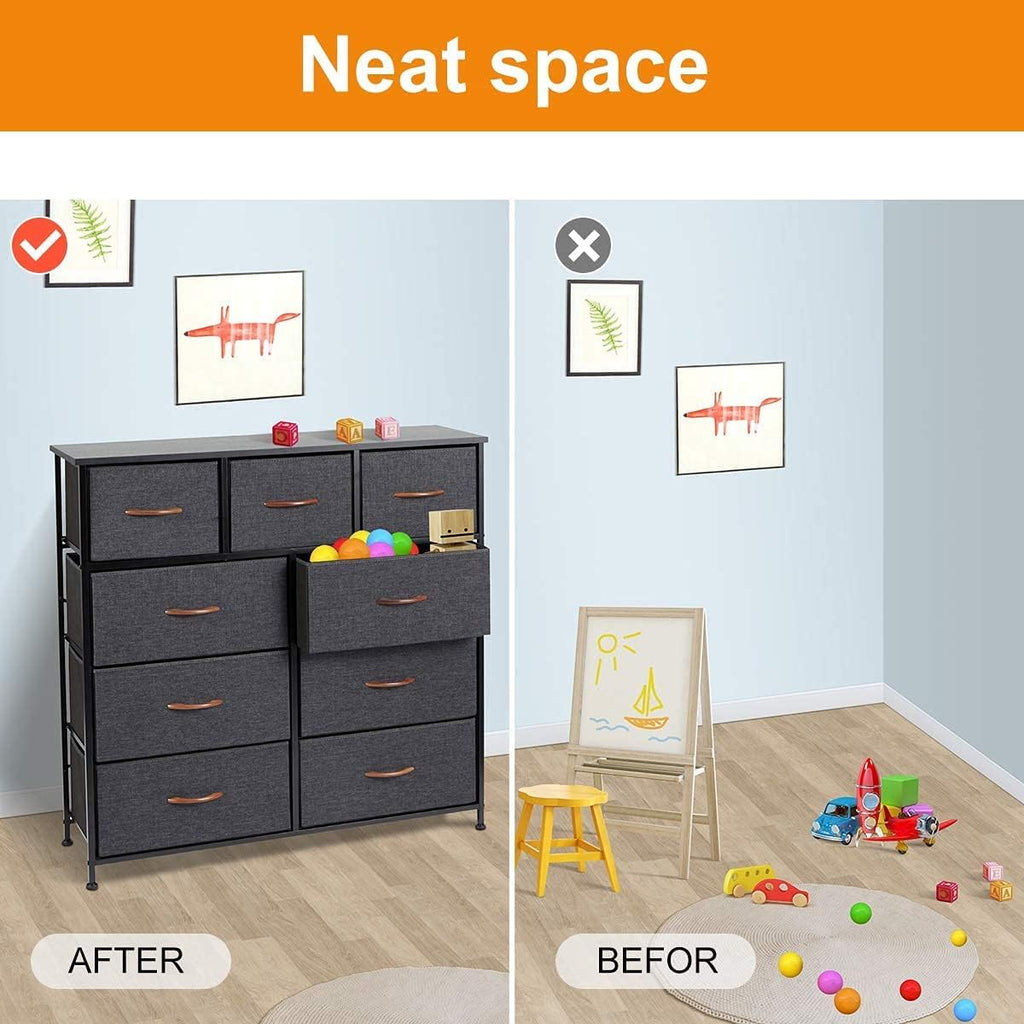 Grey 9 Drawer Dresser with Steel Frame and Wooden Top I26131