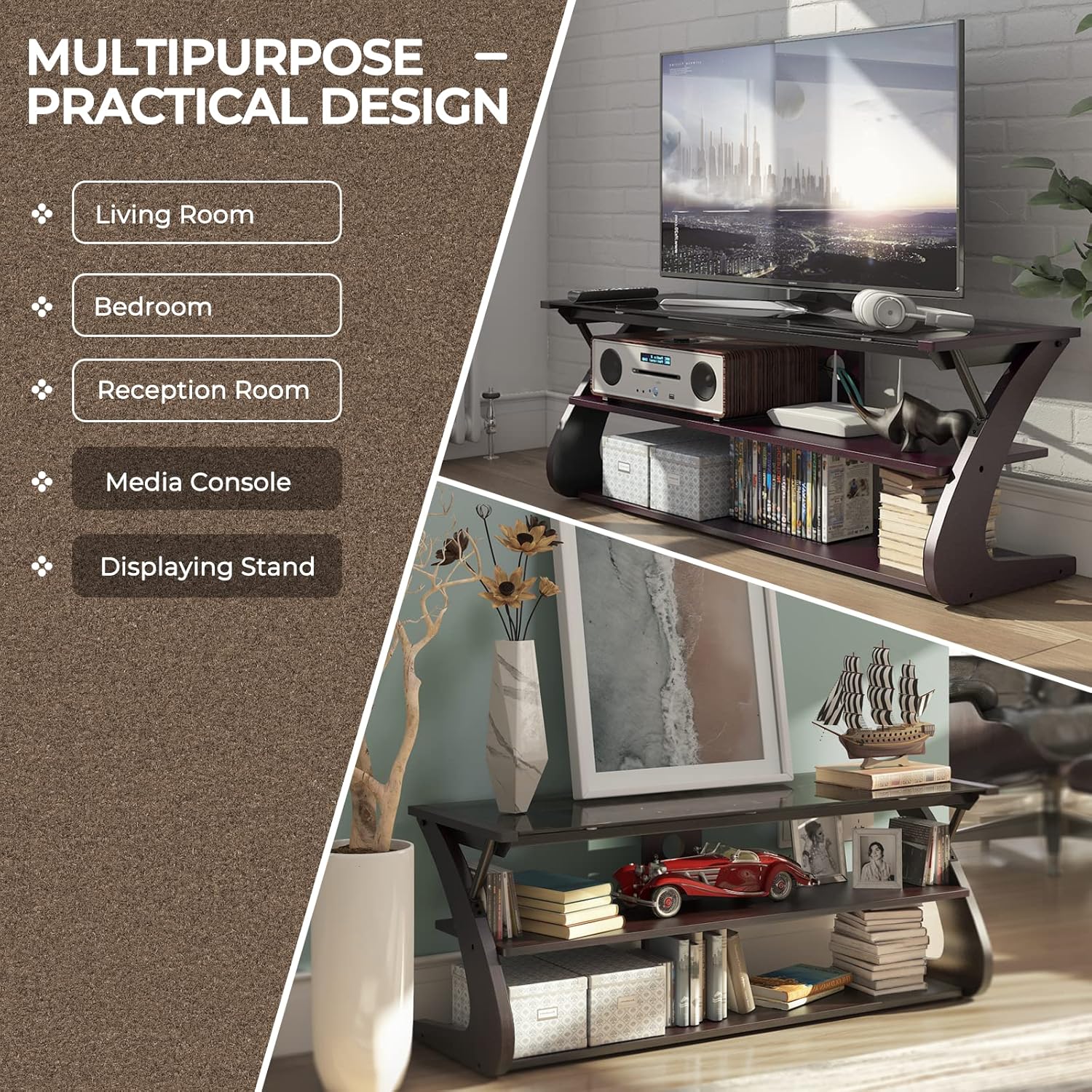 Dark Brown 3-Tier TV Stand with Glass Top S962