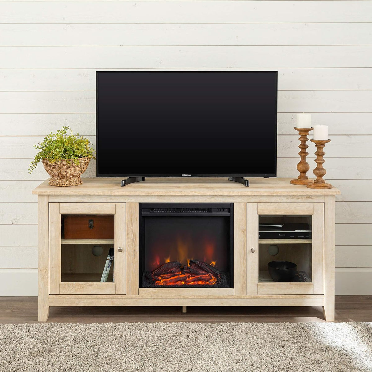 Rustic Wood and Glass Fireplace TV Stand, 58 Inch, Traditional Brown Y2622