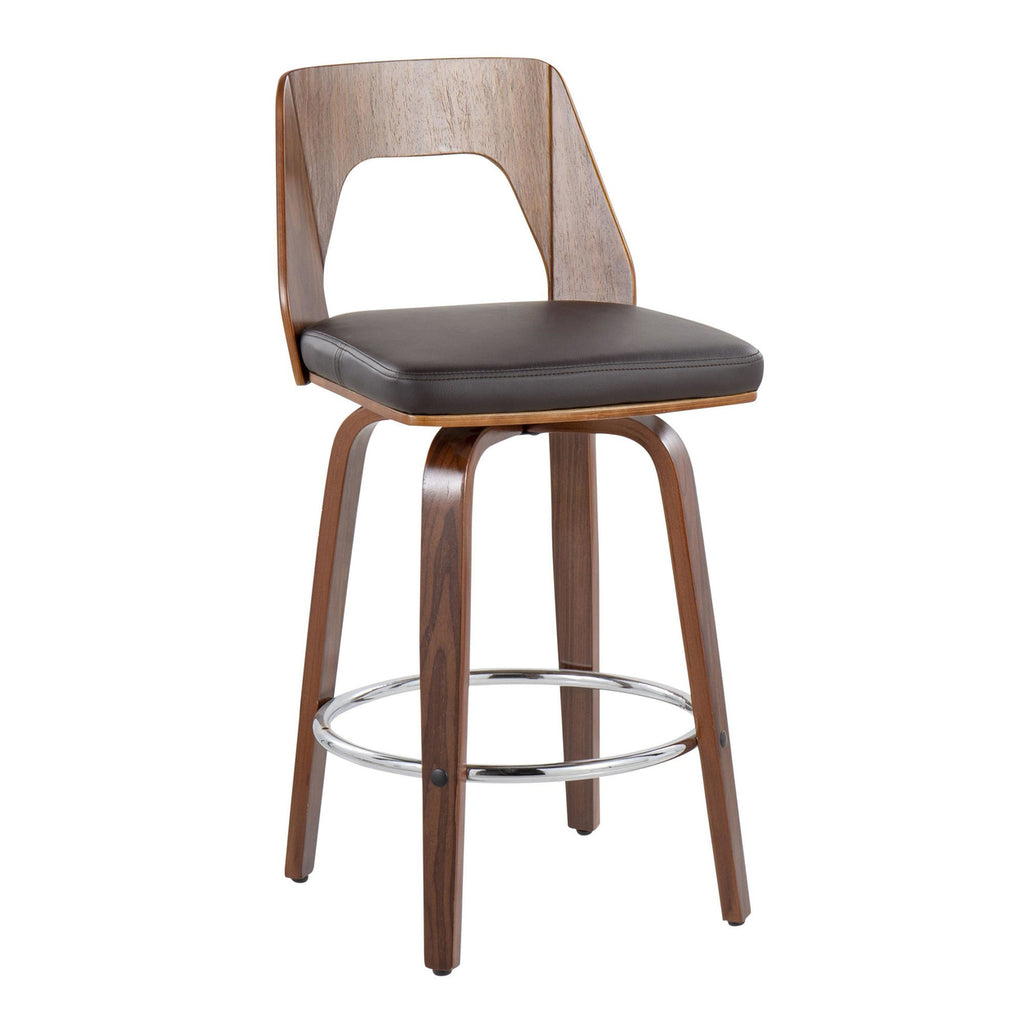 Mid-Century Modern Counter Stool In Walnut And Brown Faux Leather - Set Of 2 H98815