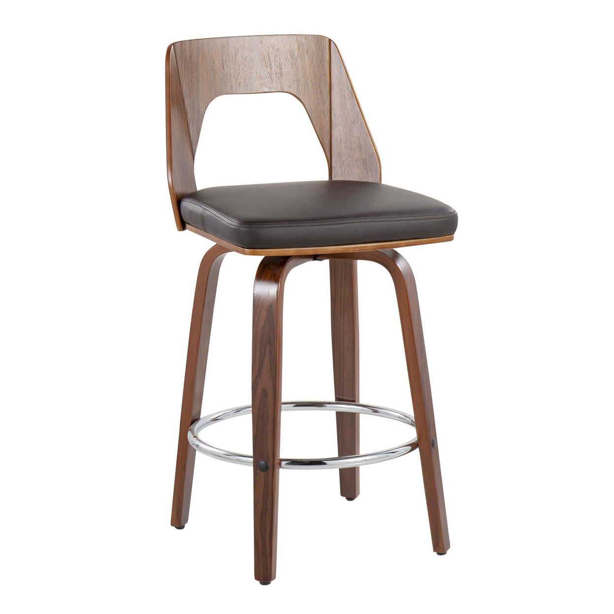 Mid-Century Modern Counter Stool In Walnut And Brown Faux Leather - Set Of 2 H98815