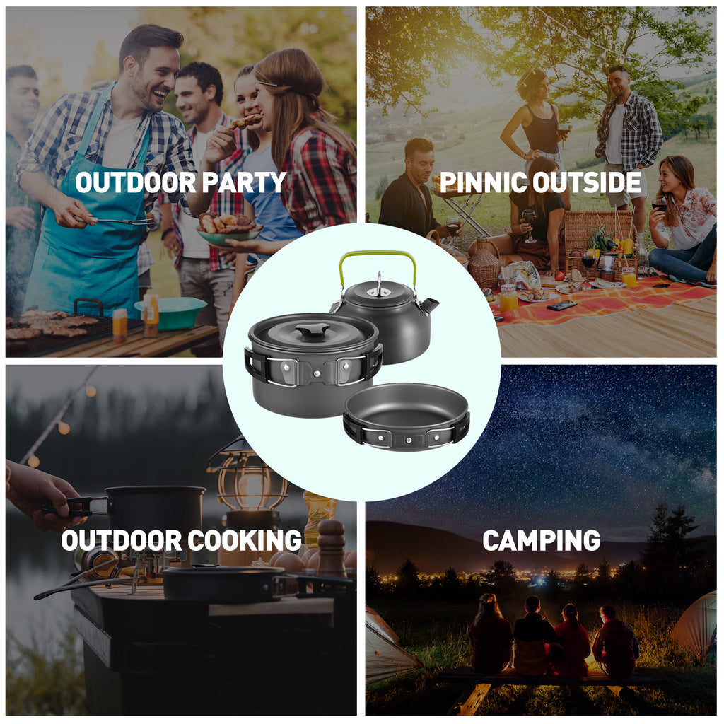 19pcs Non-Stick Camping Cookware Mess Kit with Stainless Steel Cups Plates Forks Knives Spoons E5246