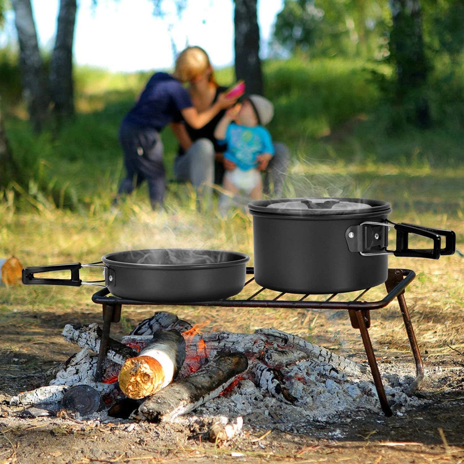 19pcs Non-Stick Camping Cookware Mess Kit with Stainless Steel Cups Plates Forks Knives Spoons E5246