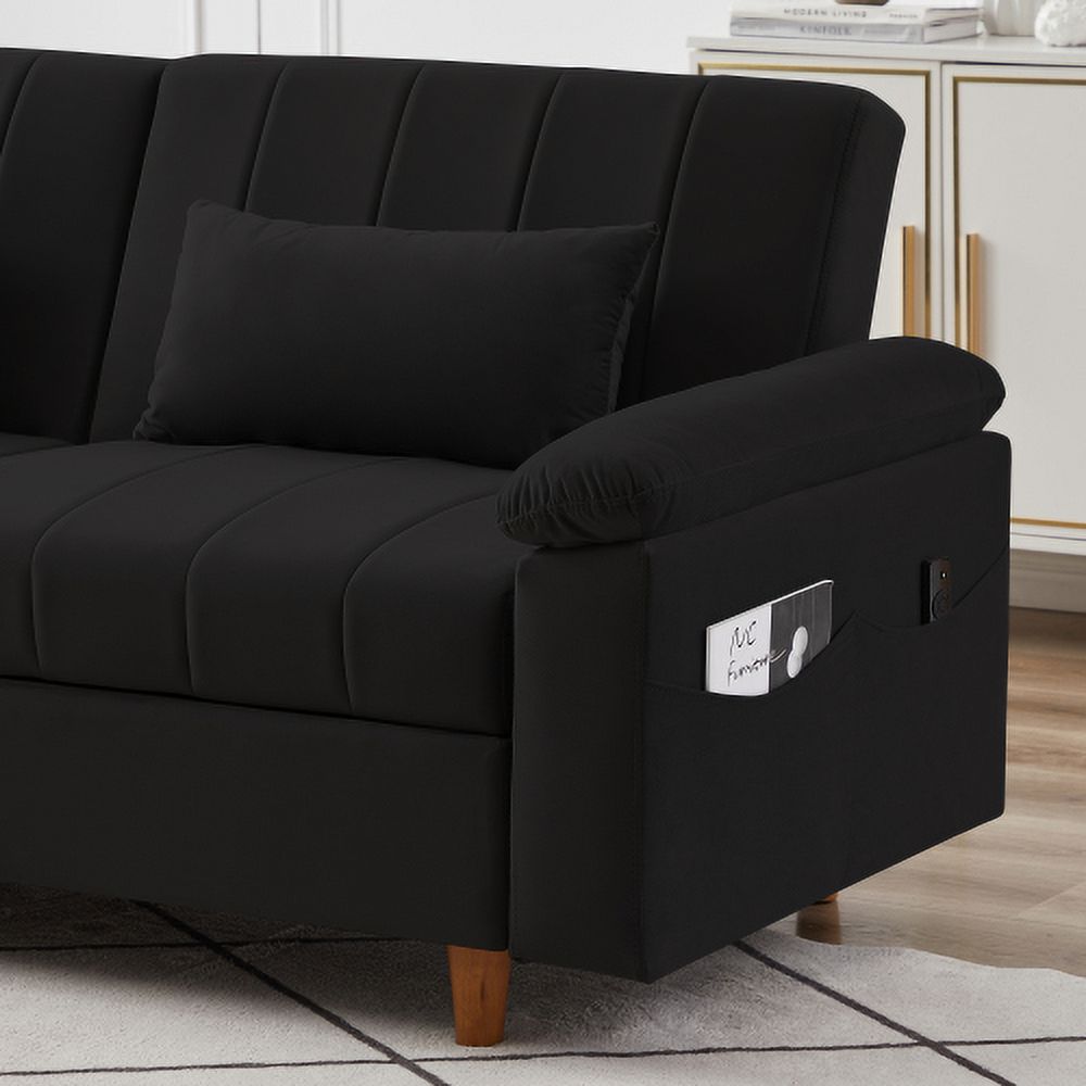 Black Velvet Sleeper Sofa Couch with Storage P72127