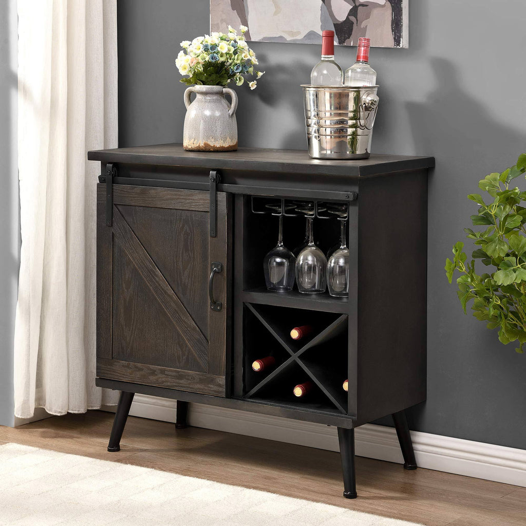 Dark Brown Wood Barn Door Bar Cabinet K3969
