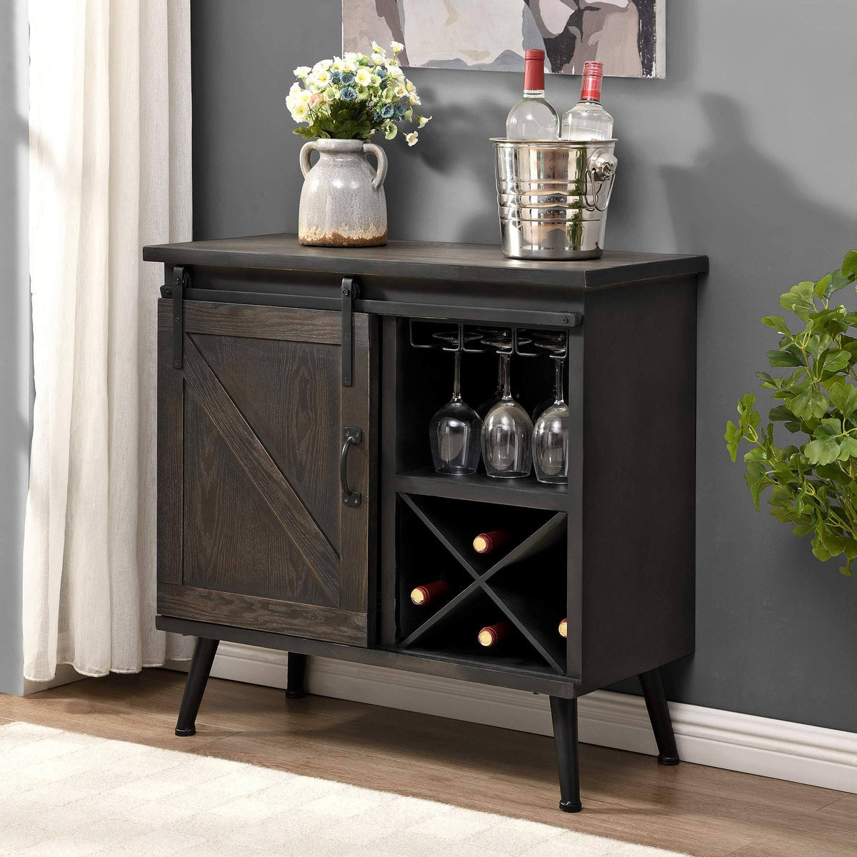 Dark Brown Wood Barn Door Bar Cabinet K3969