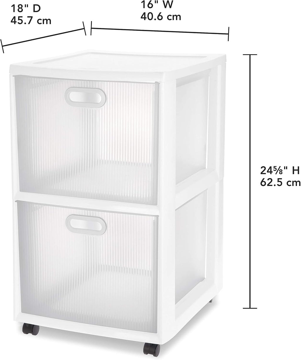 White 2 Drawer Cart with Clear Drawers and Black Casters, 2-Pack I588