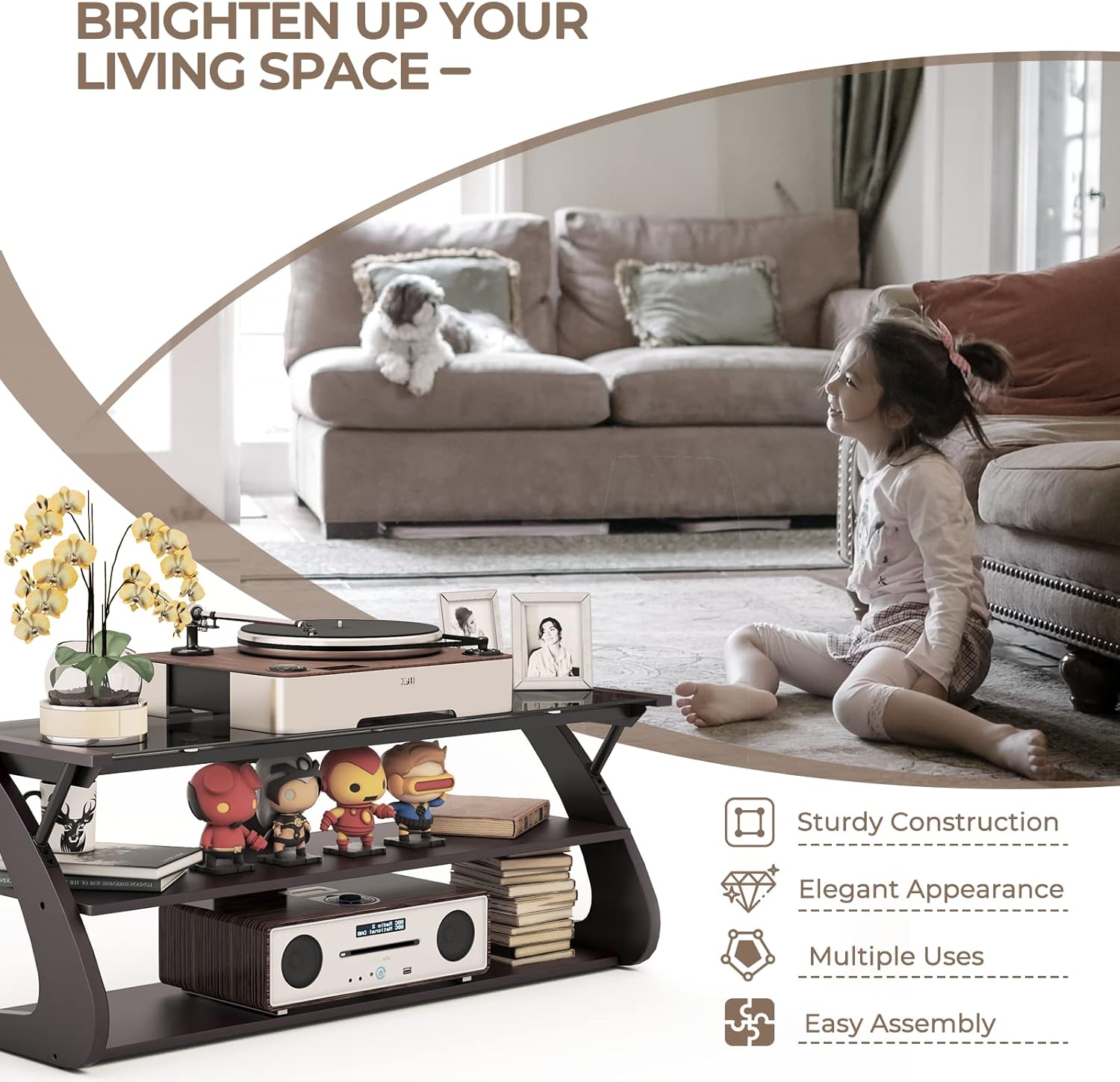 Dark Brown 3-Tier TV Stand with Glass Top S962