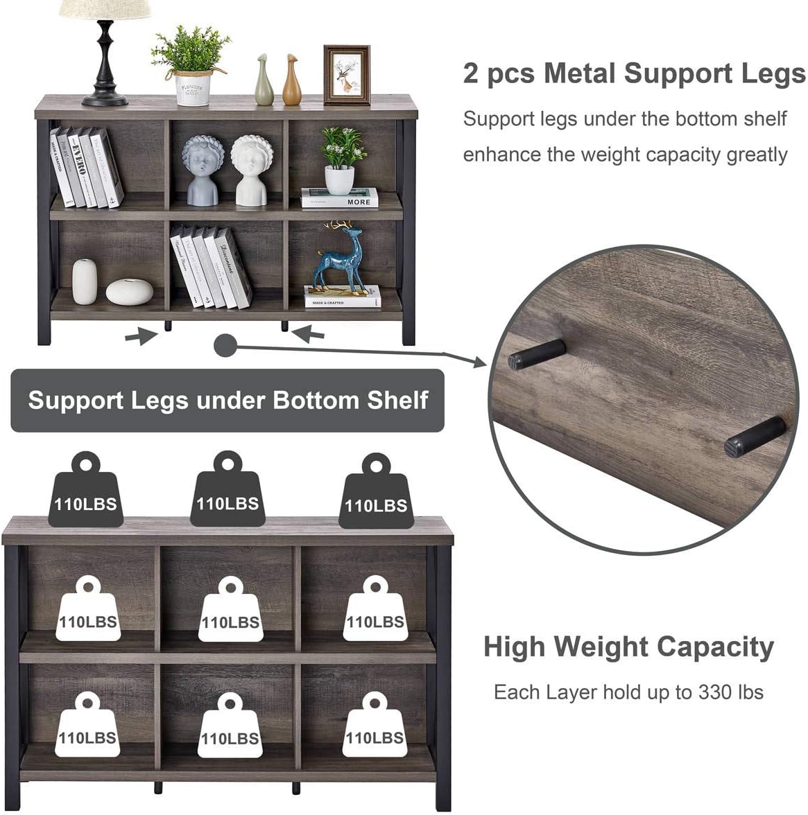 Rustic 6 Cube Storage Organizer with Shelf, Wood and Metal Cubby Bookcase, Industrial Horizontal Bookshelf G65290