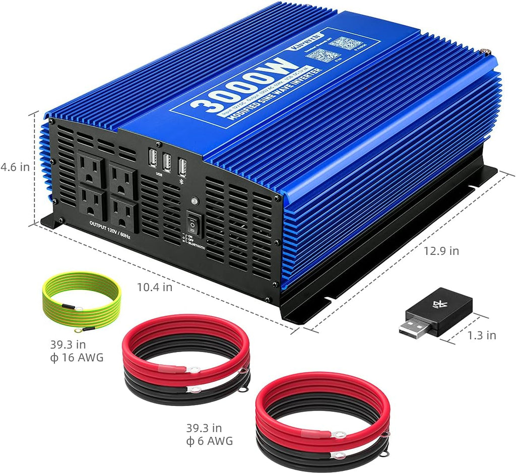 3000W Power Inverter DC12V to 110V AC Car Inverter with 4AC Outlets 2USB Port T29373