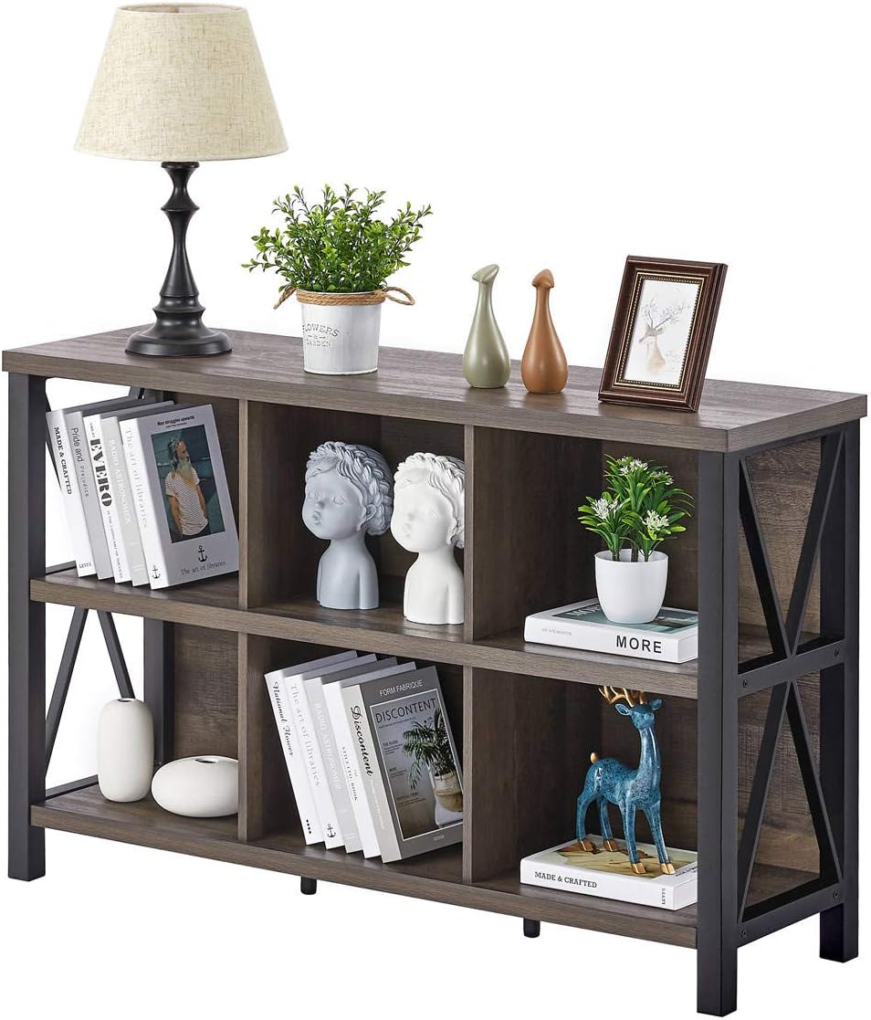Rustic 6 Cube Storage Organizer with Shelf, Wood and Metal Cubby Bookcase, Industrial Horizontal Bookshelf G65290