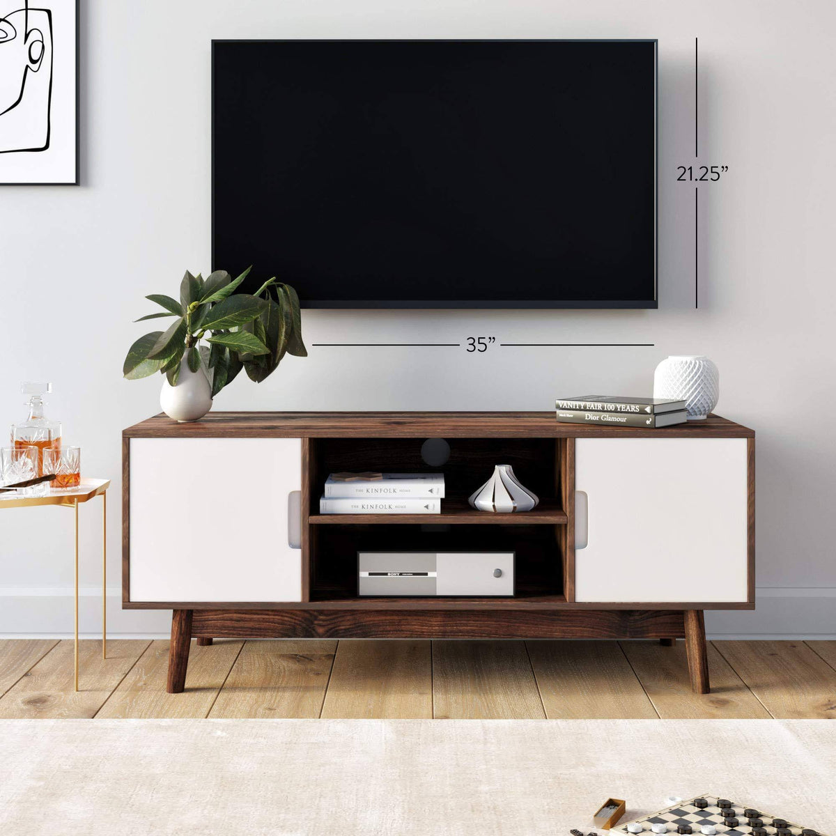 Brown Scandinavian TV Stand with White Cabinet Doors R7484