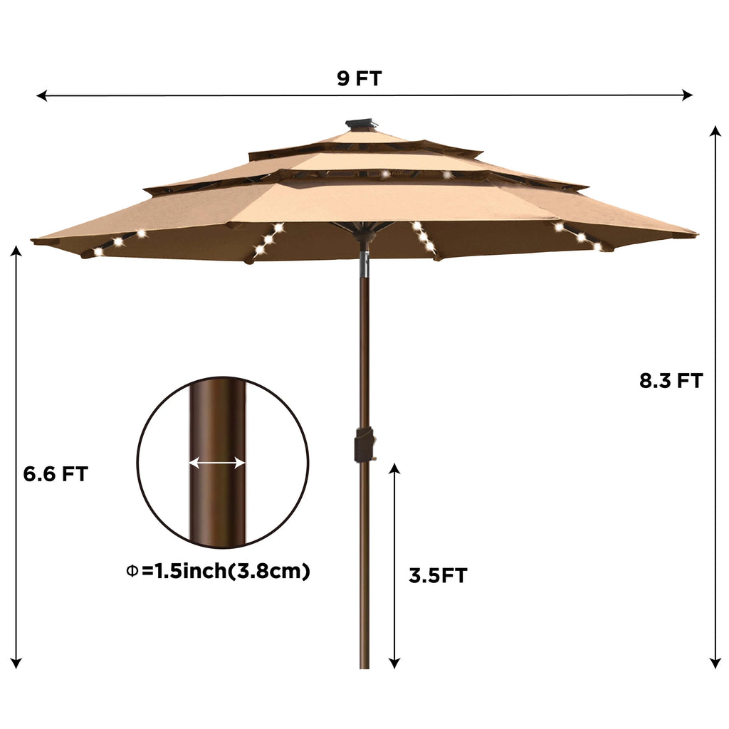 Tan 9ft 3 Tiers Market Umbrella with 80 LED Lights I16411