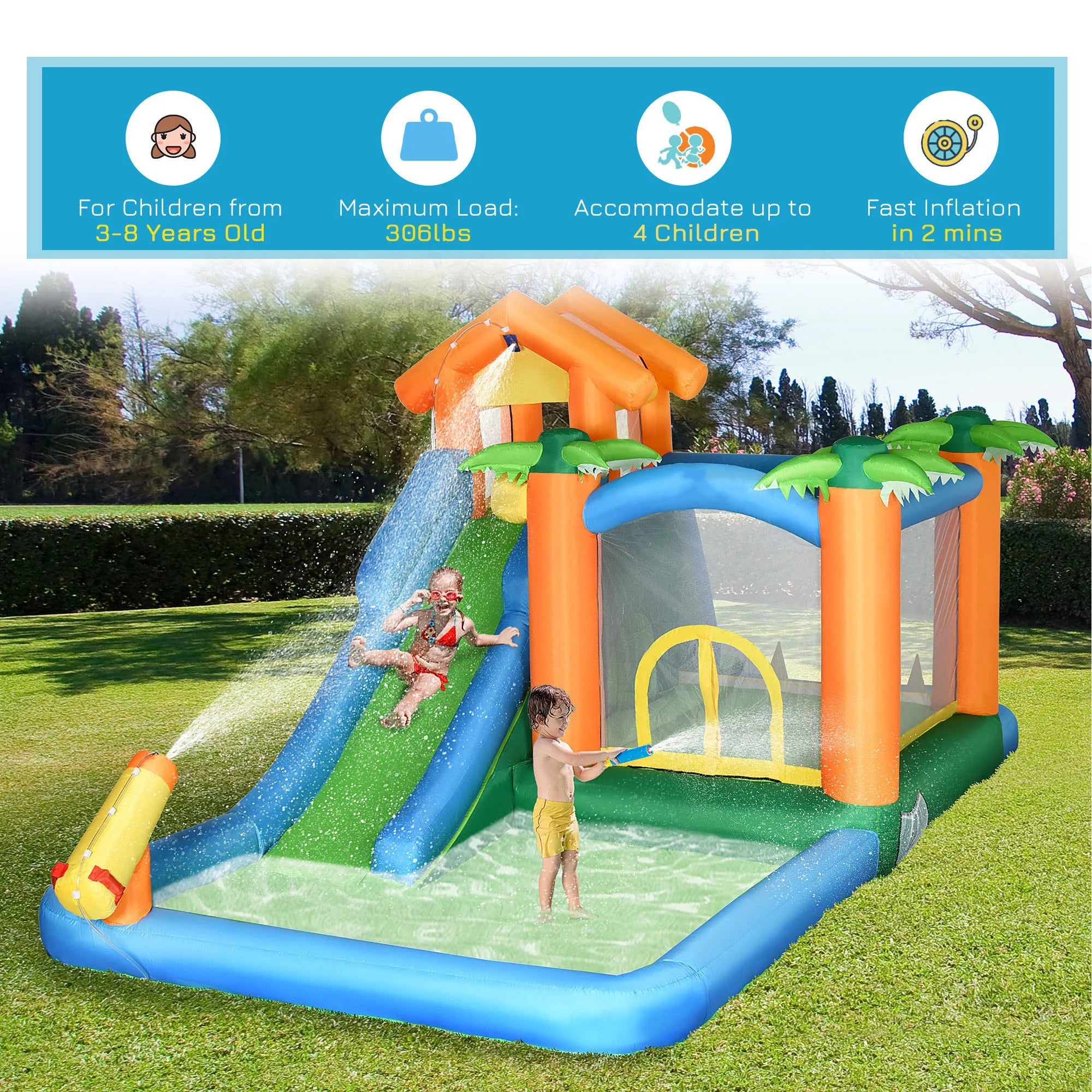 Inflatable Water Park with Blower, 6-in-1 Water Slide Jumping Castle F205990