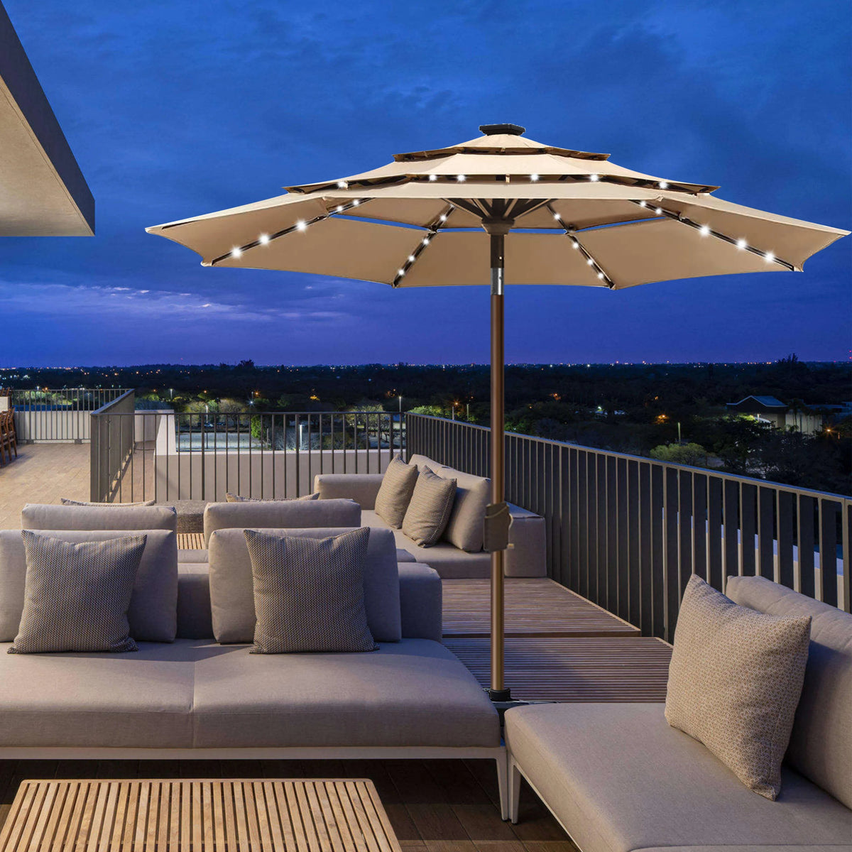 Tan 9ft 3 Tiers Market Umbrella with 80 LED Lights I16411