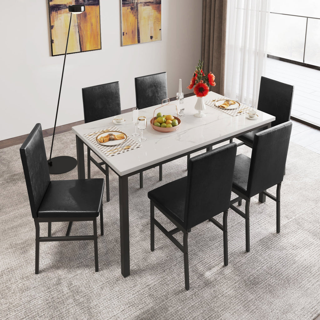 7 Piece Marble Dining Table and 4 PU Leather Upholstered Chairs Set K792933
