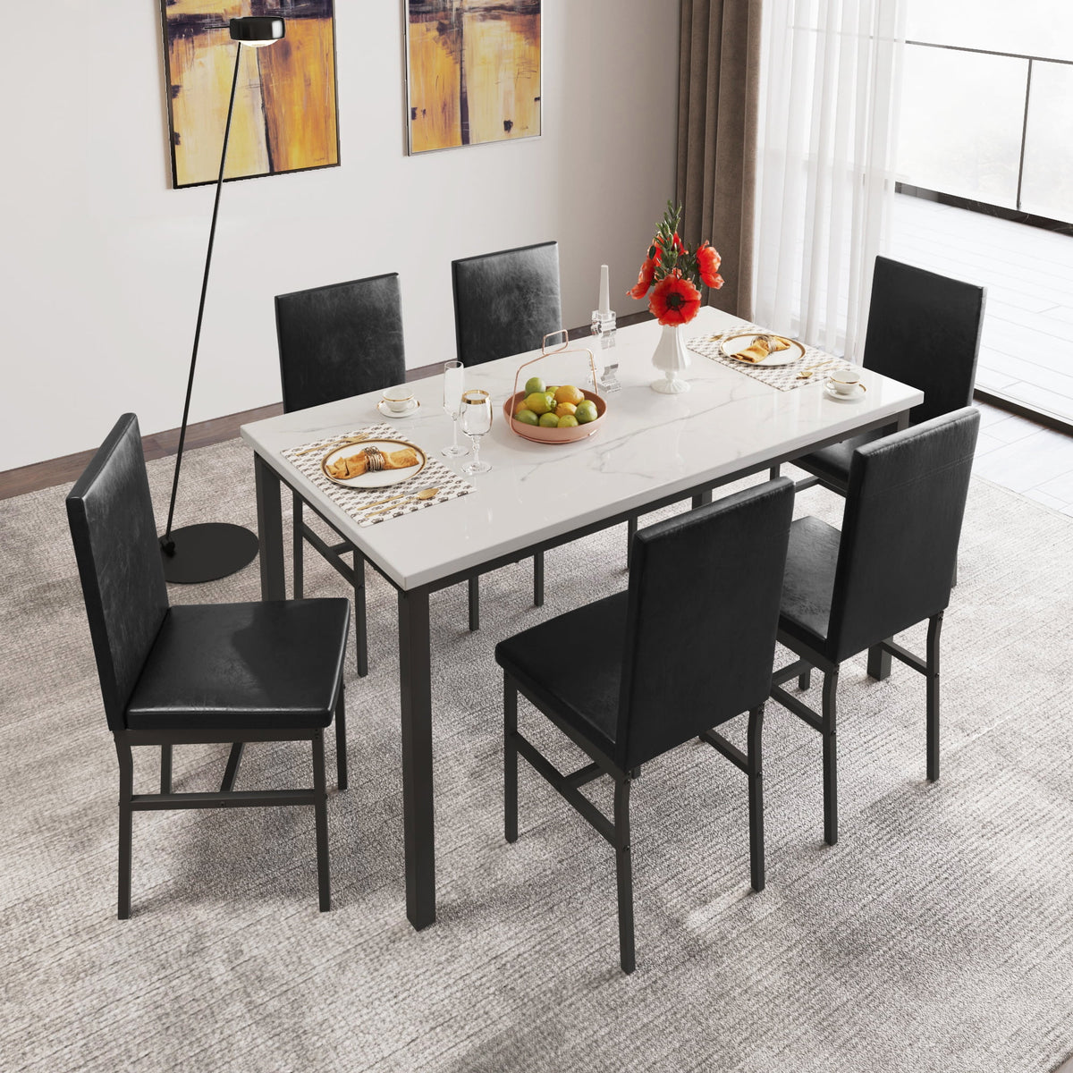 7 Piece Marble Dining Table and 4 PU Leather Upholstered Chairs Set K792933