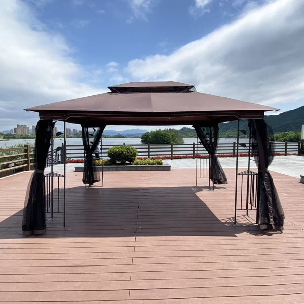 Brown Top Patio Gazebo Canopy Tent With Mosquito Net U6418