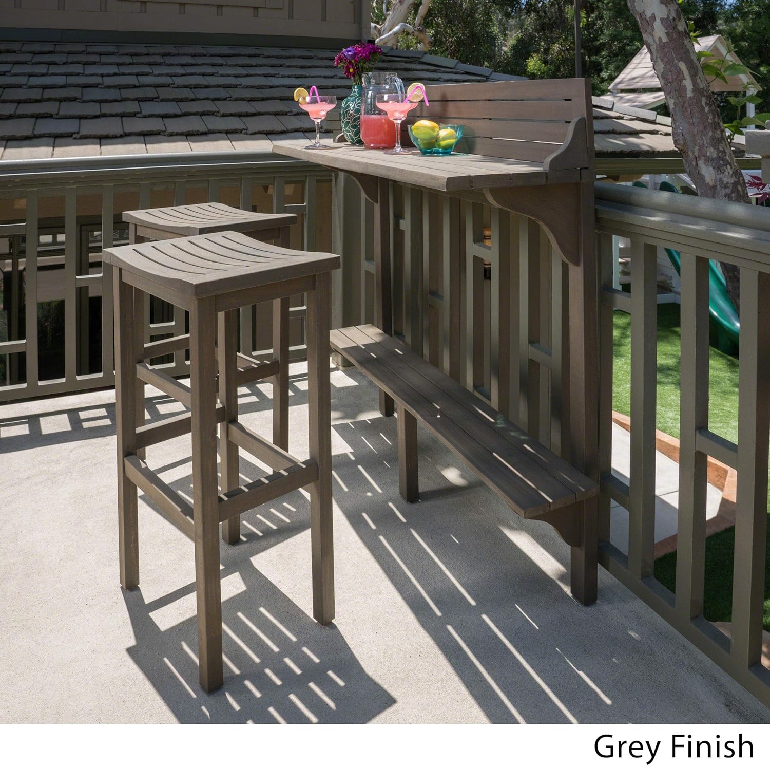 3-Pcs Acacia Wood Outdoor Bar Set, Grey Finish X406957
