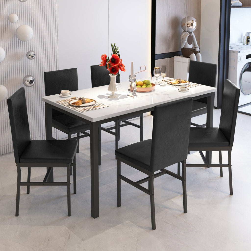 7 Piece Marble Dining Table and 4 PU Leather Upholstered Chairs Set K792933