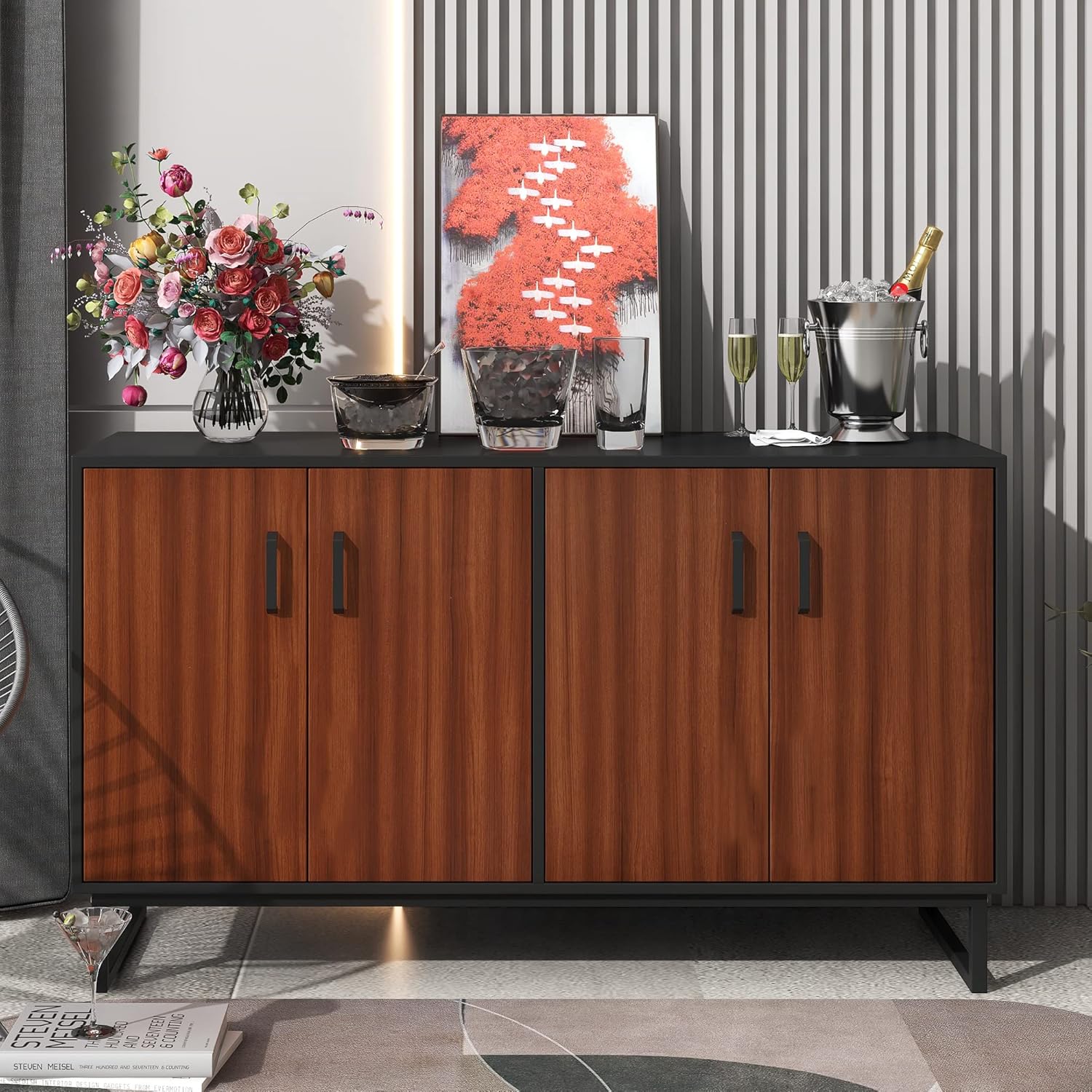 Wood Accent Buffet Sideboard Serving Storage Cabinet with Four Drawers and Two Large Cabinets, Modern Console Table Sofa Table X4595