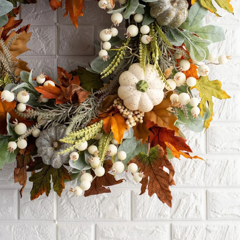 18" Artificial Fall Wreath with Pumpkins Berry Maples Leaves E16040