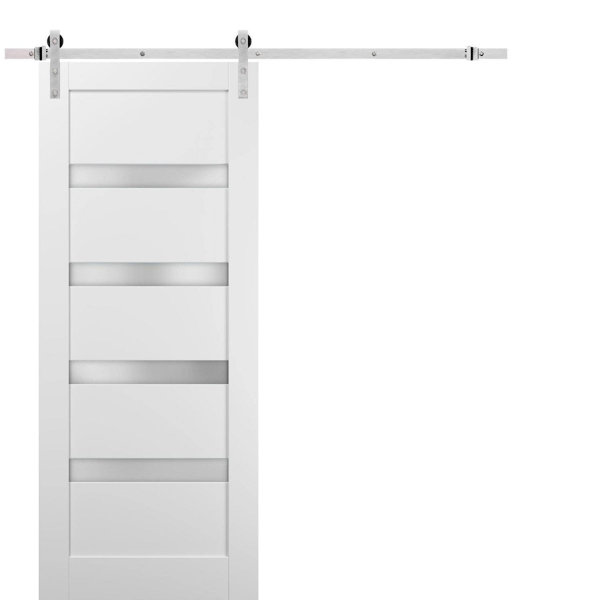 Sliding Barn Door 28 x 96 with Stainless Steel Hardware White Silk with Frosted Opaque Glass H35431