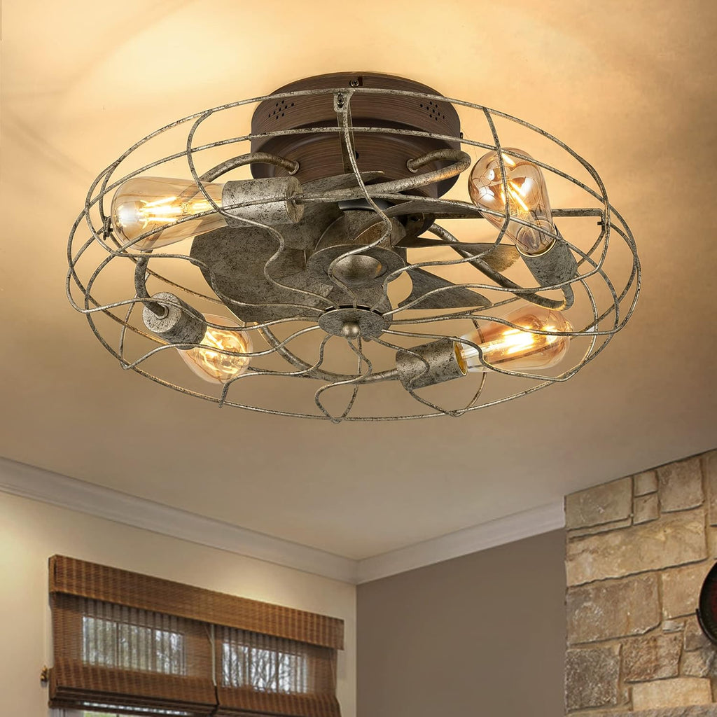 White Bladeless Caged Ceiling Fan with Lights Remote Control G344