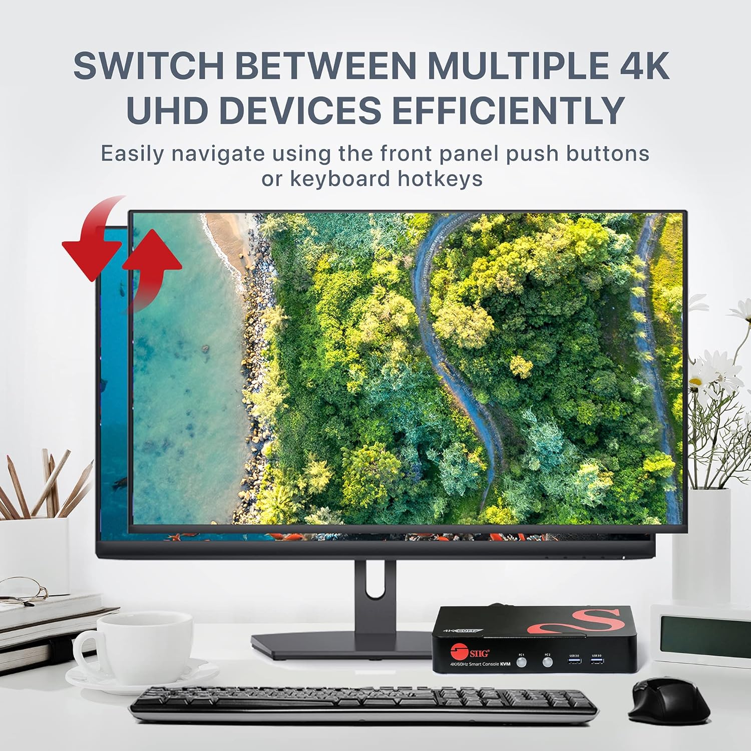 4K DisplayPort KVM Switch with Audio and Microphone, USB 3.0 x4, USB 2.0 x2, Cables Included, Metal Housing Z534126