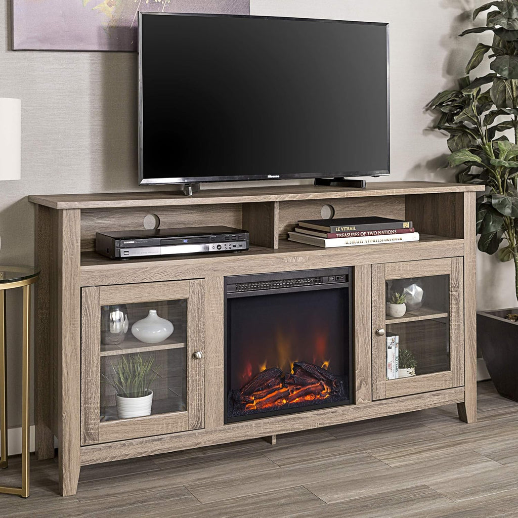 Rustic Wood and Glass Fireplace TV Stand, 58 Inch, Traditional Brown Y2622