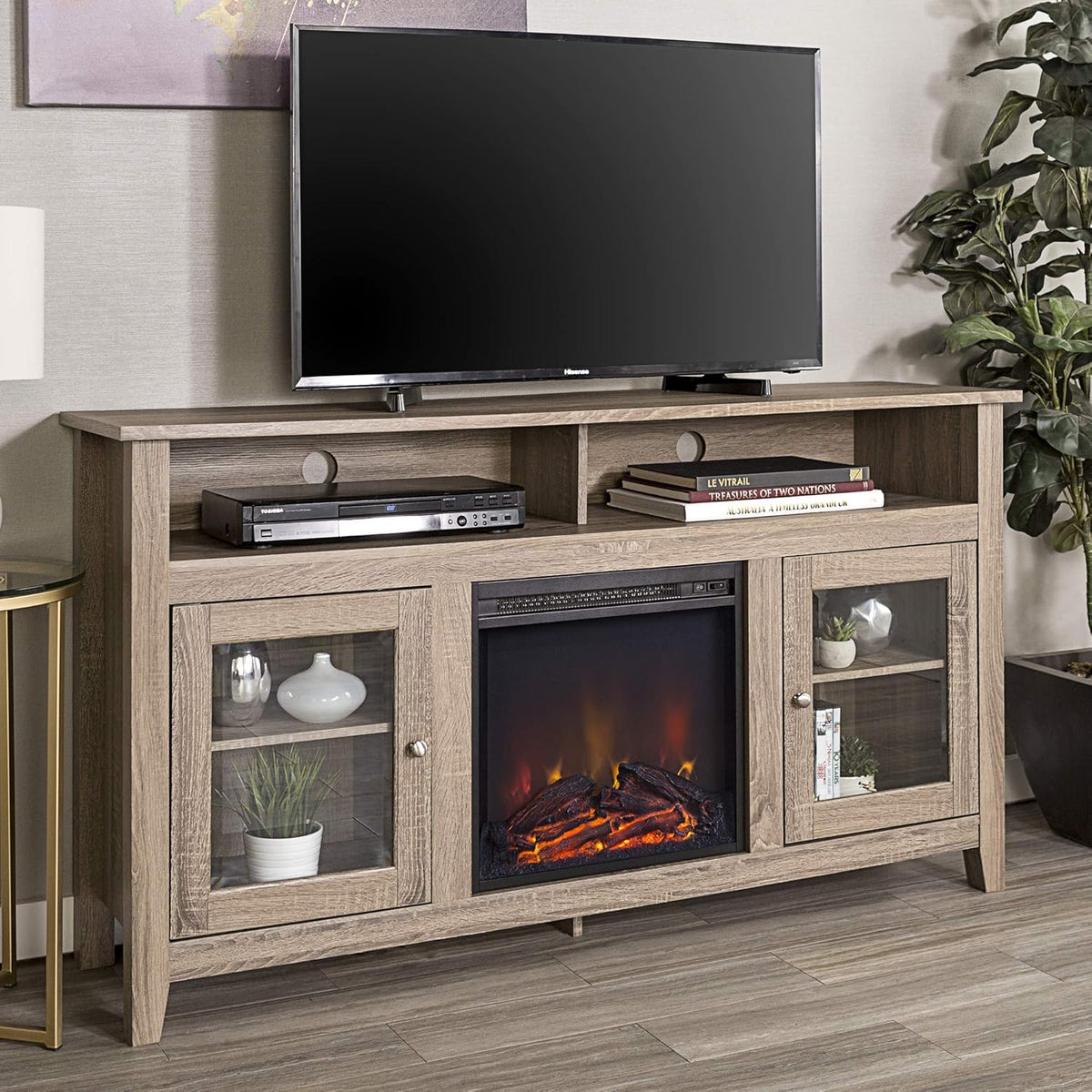 Rustic Wood and Glass Fireplace TV Stand, 58 Inch, Traditional Brown Y2622