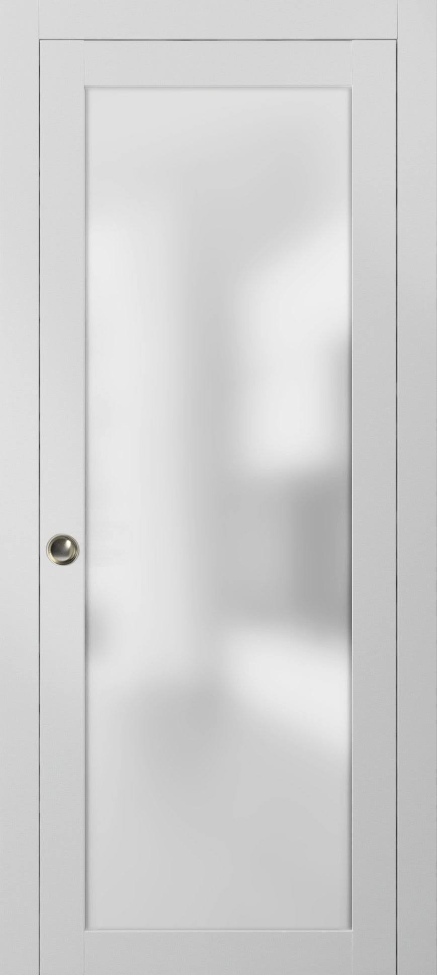 Sliding Barn Door 28 x 96 with Stainless Steel Hardware White Silk with Frosted Opaque Glass H35431