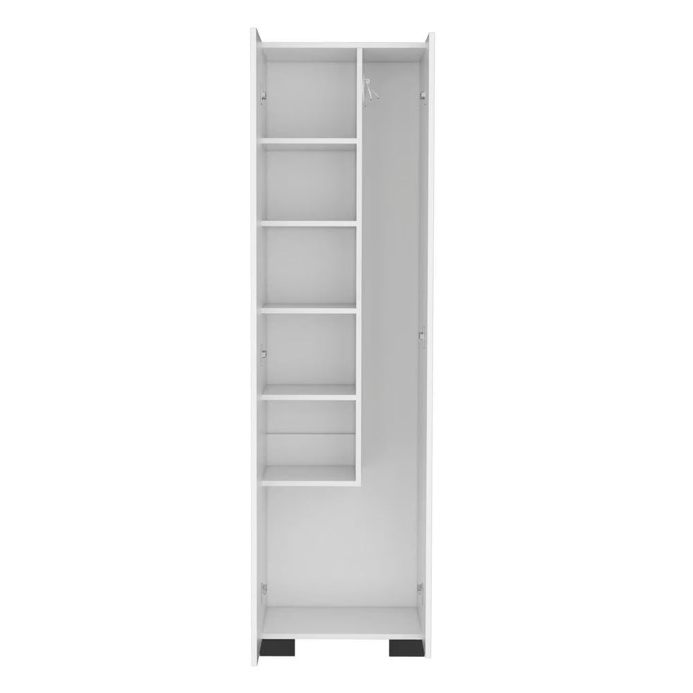 White Double-Door Broom Cabinet with Inner Shelves and Side Hangers H258