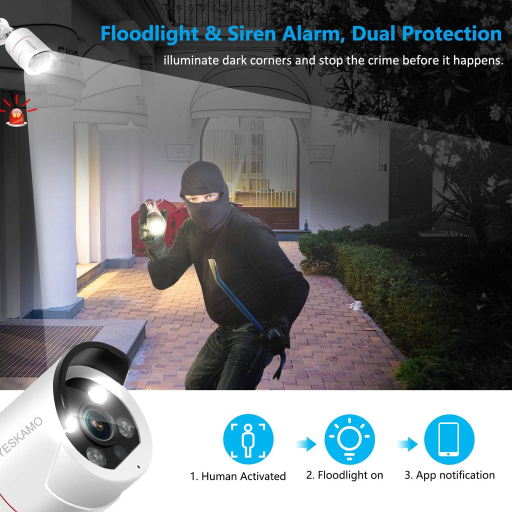 5MP PoE Security Camera System, 4pcs Wired Outdoor PoE IP Cameras, 8CH NVR with 2TB Hard Drive, Color Night Vision E546