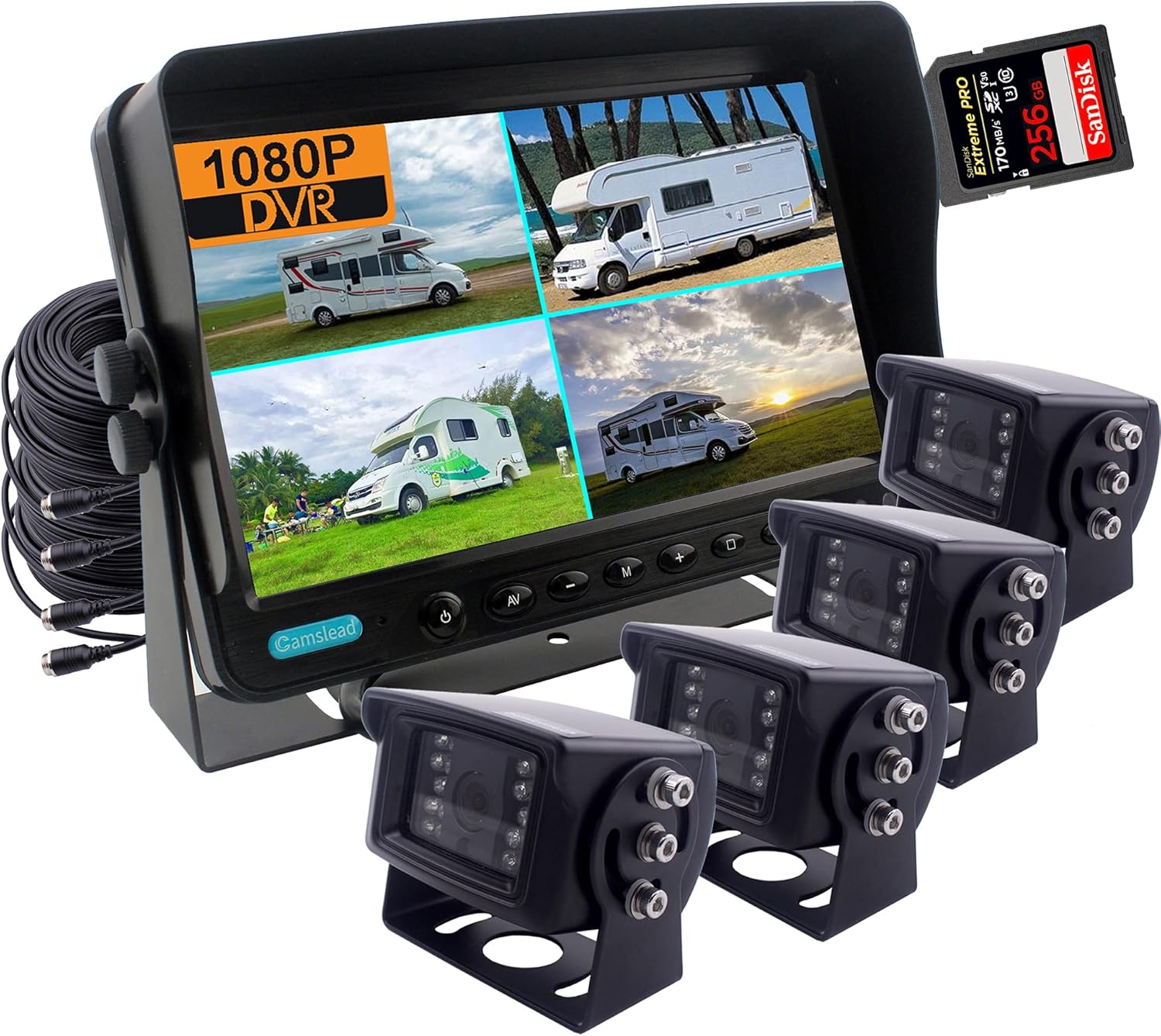 9 inch 1080P Rear View Camera System with Wired DVR Recorder, 4 Channel Input, Quad Split Screen Z2266