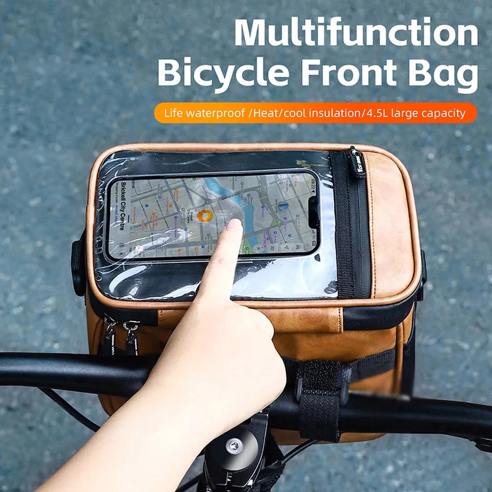Waterproof PU Leather Bike Front Bag with Touchscreen Phone Holder F889
