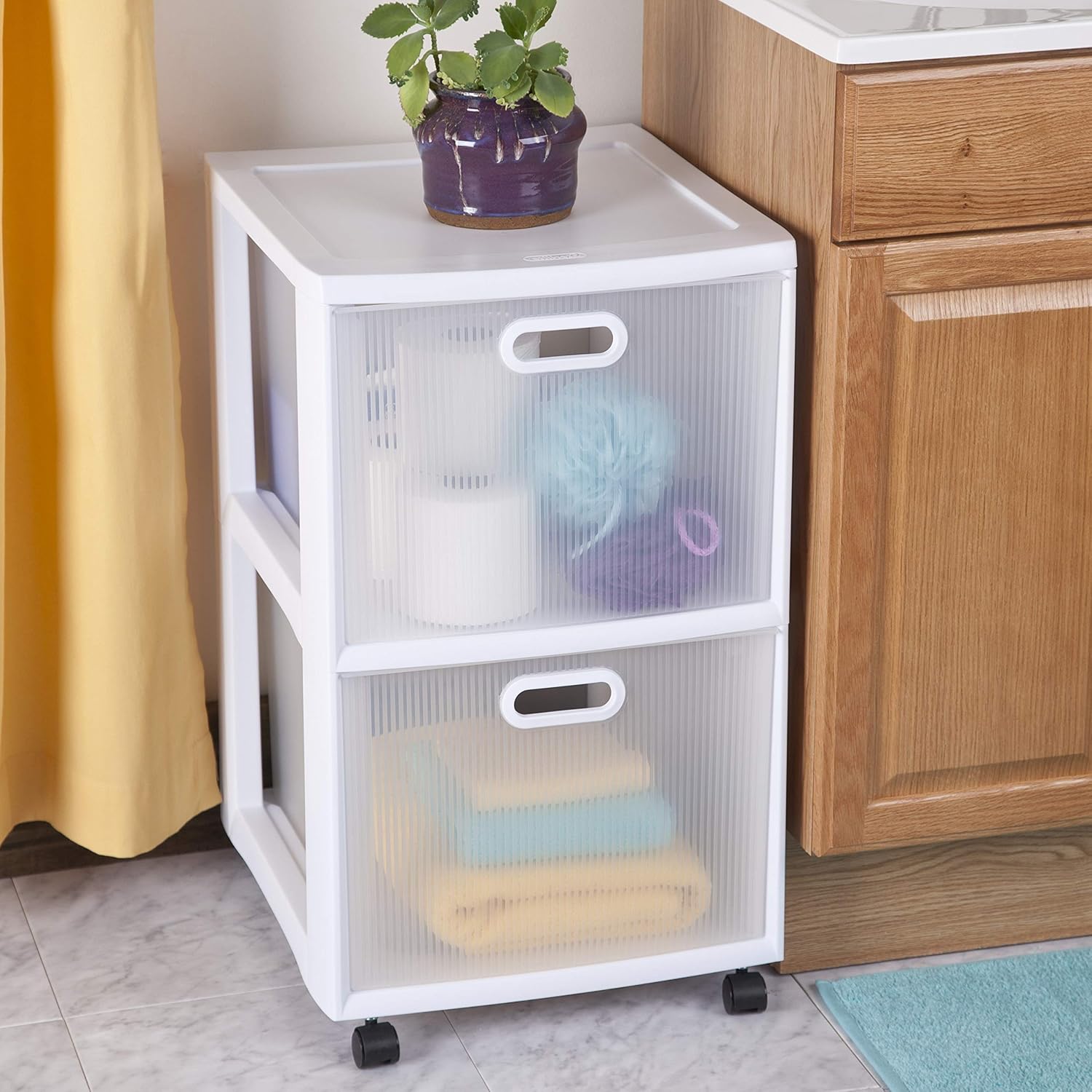 White 2 Drawer Cart with Clear Drawers and Black Casters, 2-Pack I588