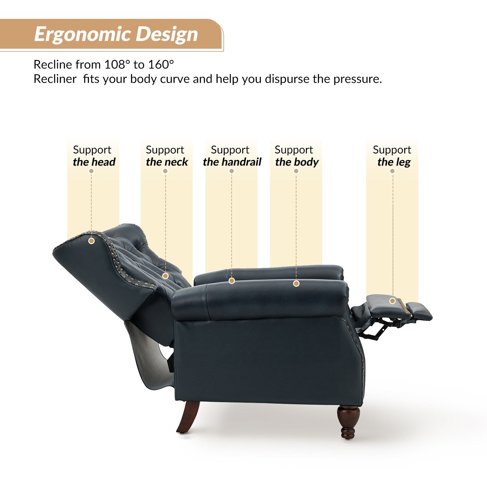 Navy Genuine Leather Tufted Manual Recliner Set of 2 J38706