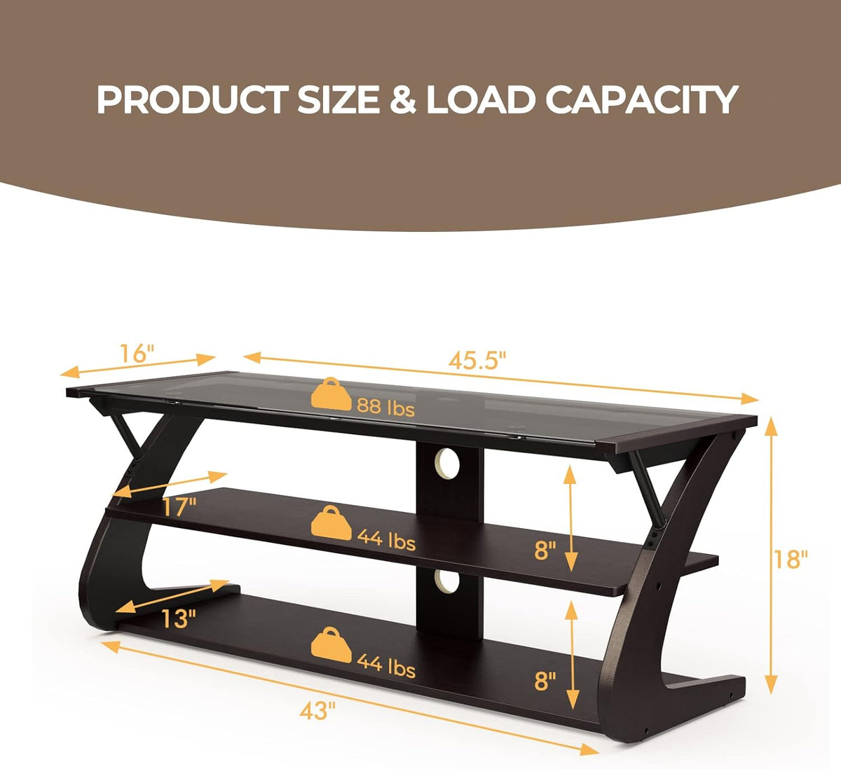 Dark Brown 3-Tier TV Stand with Glass Top S962