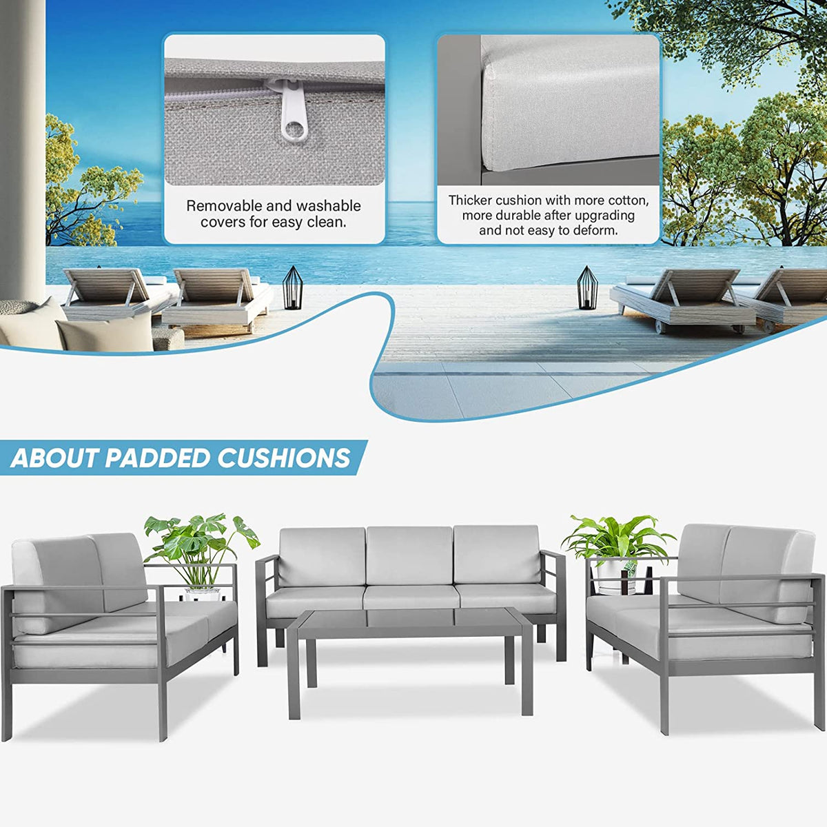 4 Pieces Metal Patio Sectional Sofa with Cushions and Coffee Table C465