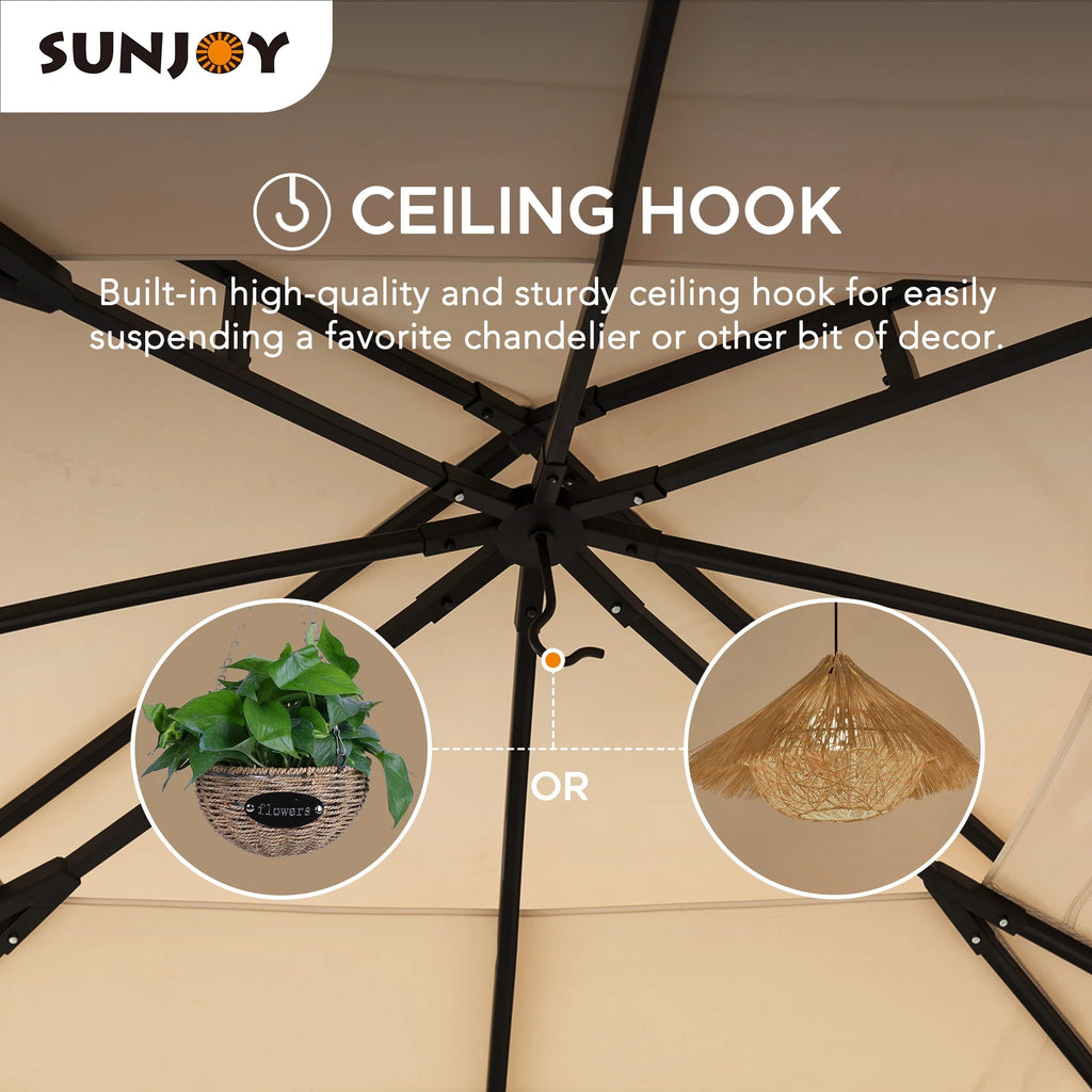 Black Steel Frame 2-Tier Soft Top Octagon Gazebo with Beige Canopy and Mosquito Netting L183829