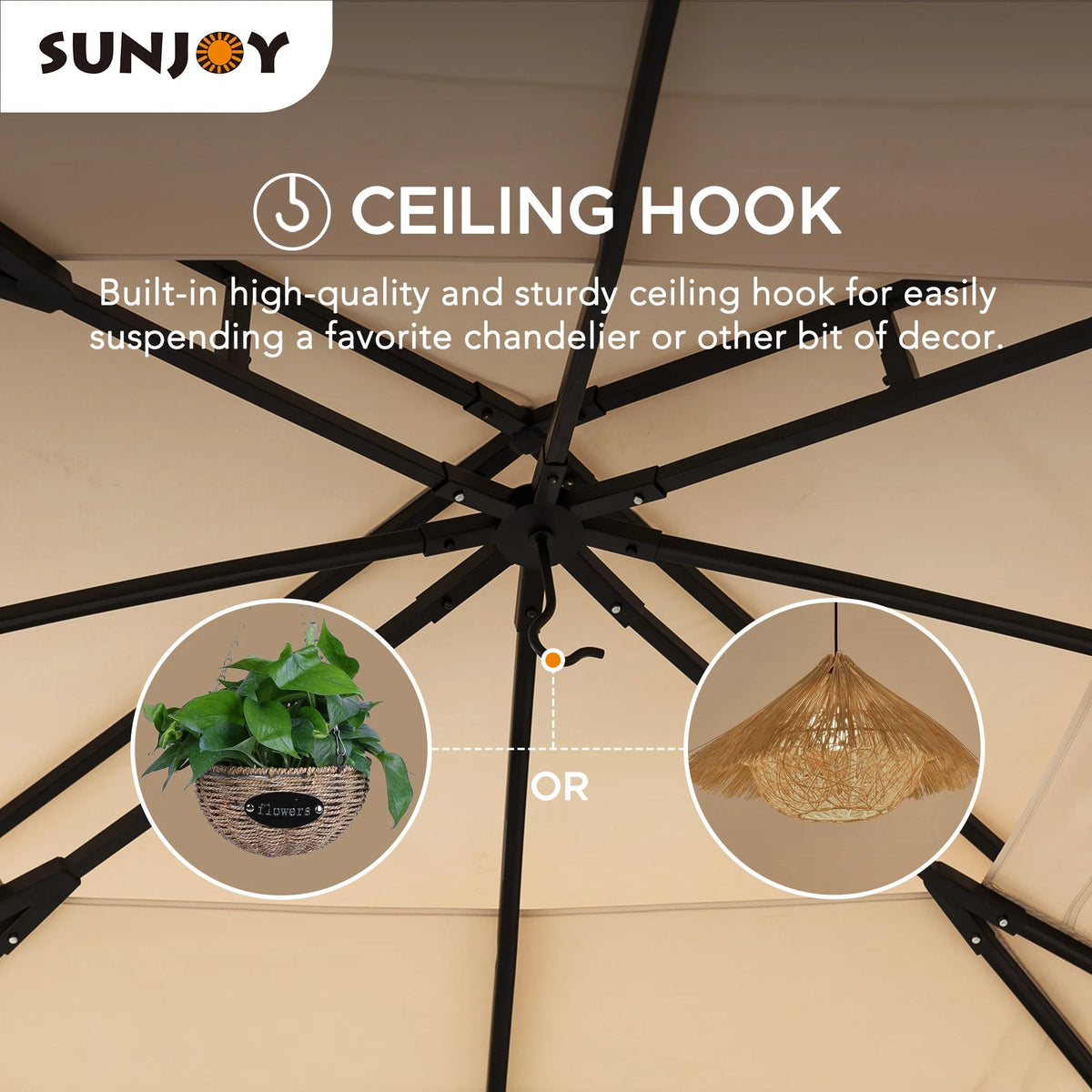 Black Steel Frame 2-Tier Soft Top Octagon Gazebo with Beige Canopy and Mosquito Netting L183829