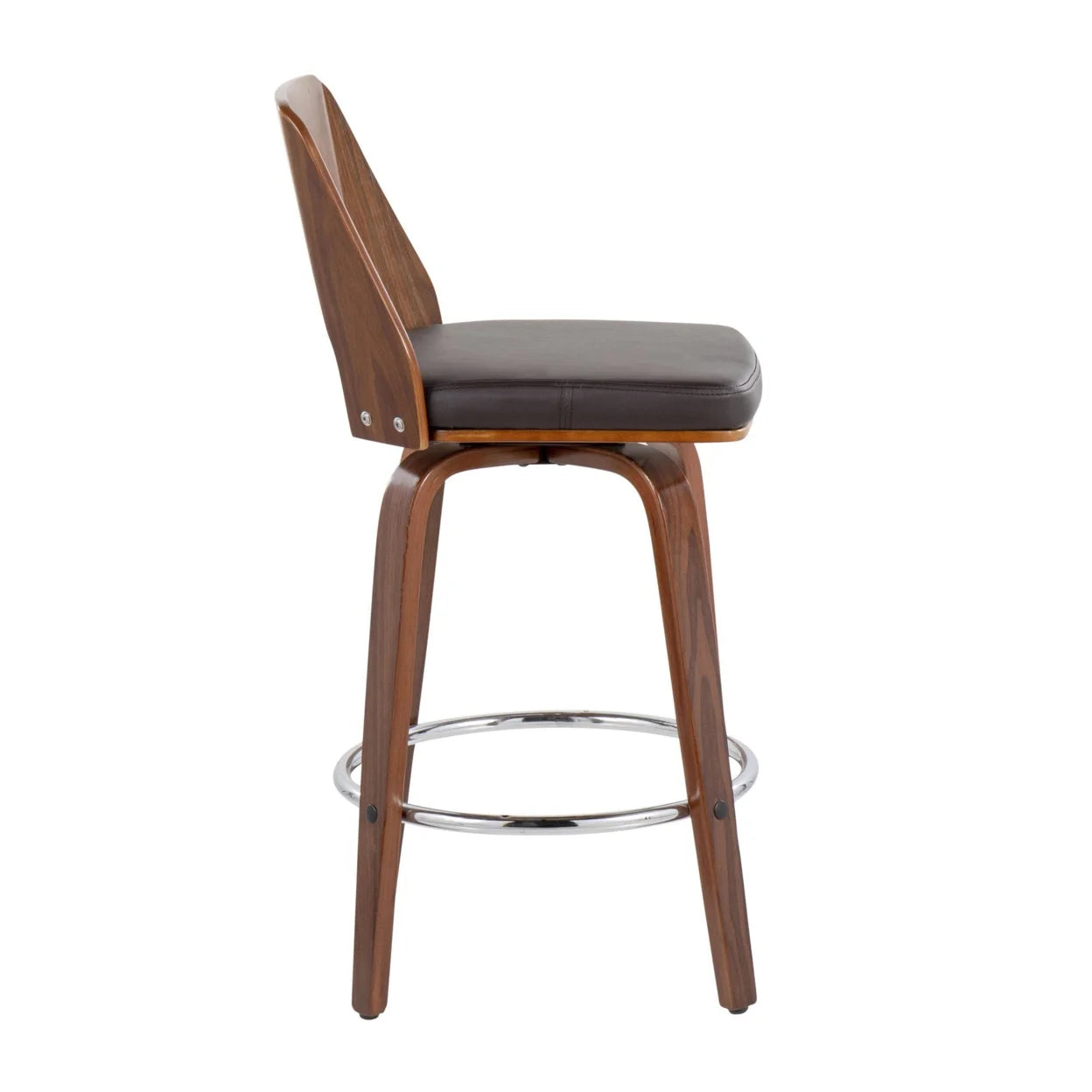 Mid-Century Modern Counter Stool In Walnut And Brown Faux Leather - Set Of 2 H98815