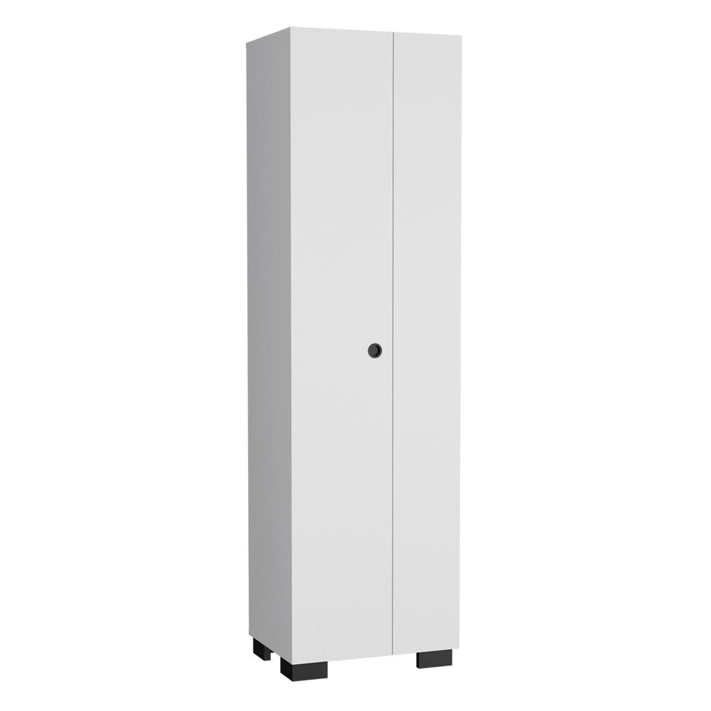 White Double-Door Broom Cabinet with Inner Shelves and Side Hangers H258