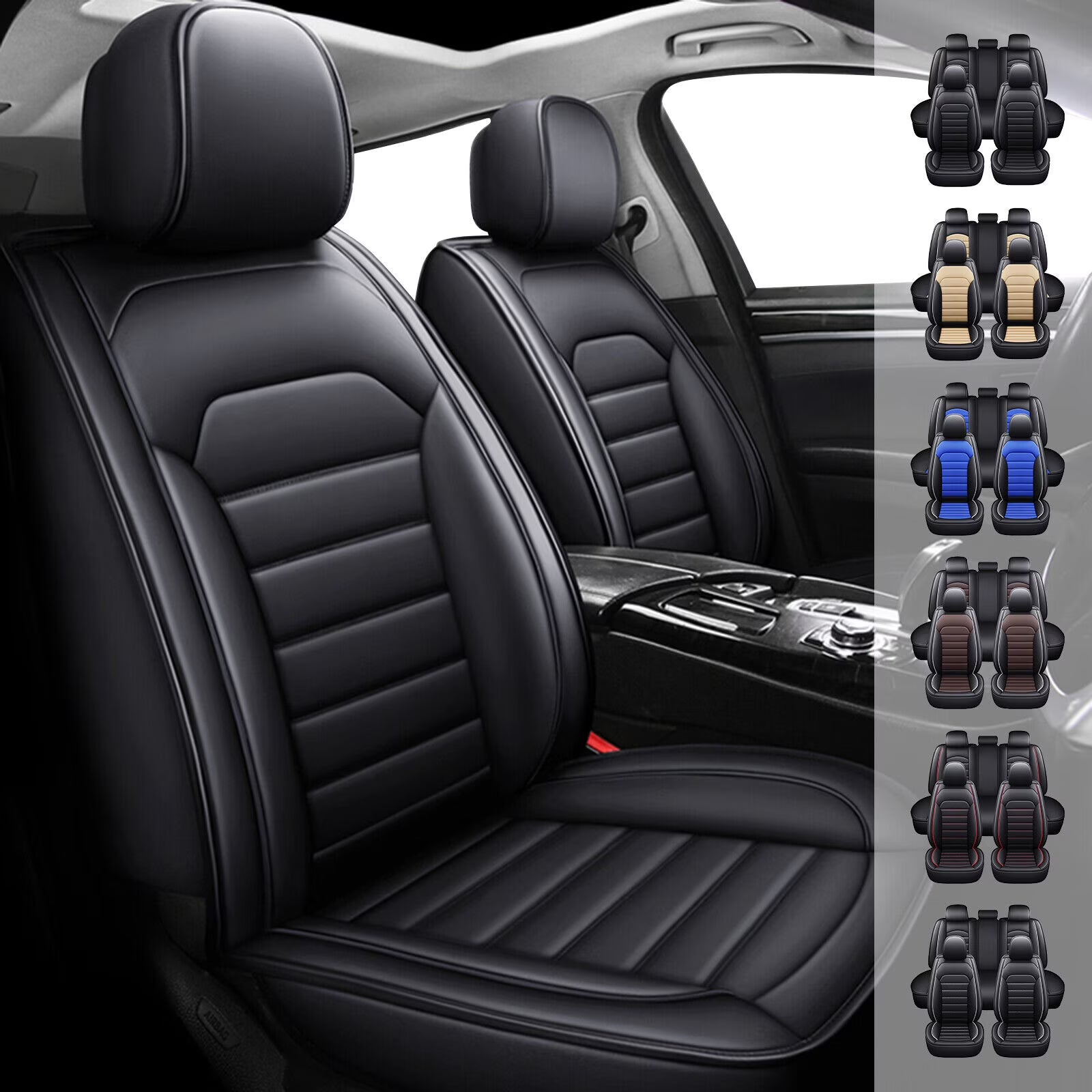 Black Waterproof Pu Leather Full Set Car Seat Covers W276630