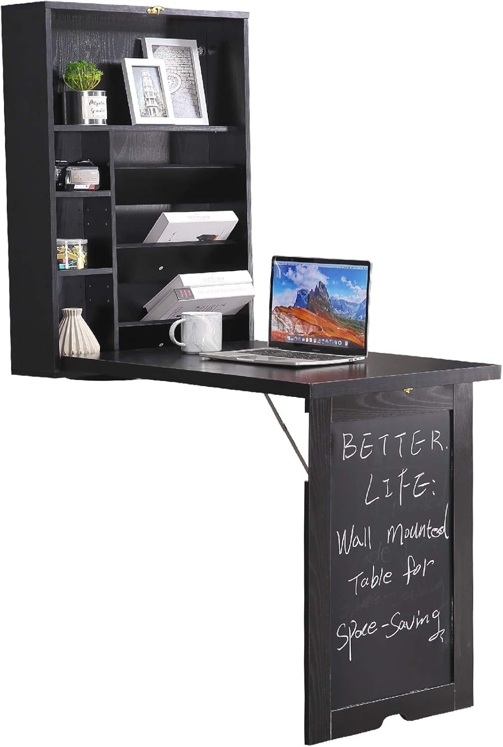 Floating Wall Mounted Wood Desk with Bookshelf and Magnetic Board F844